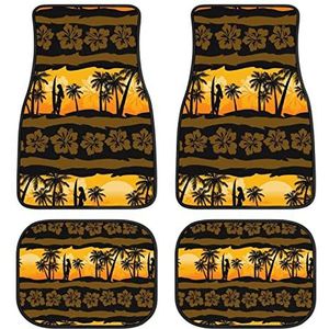 Tropische Frangipani met palmen zonsopgang universele automatten 4-delige set voor en achter anti-slip voettapijt voor de meeste auto's