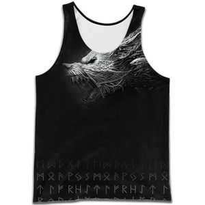 Noorse Fenrir Wolf Mouwloos T-shirt, 3D Rune Print Harajuku Straat Trekkoord Shorts, Zomer Mesh Sneldrogende Fitness Workout Heidense Amulet T-shirt(Vest,XL)