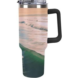 STVNKML 40 oz beker met handvat strand surfen roestvrijstalen koffiemok herbruikbare reismok lekvrije geïsoleerde autobeker grote capaciteit beker voor reizen, buiten, thuisgebruik (zwart)