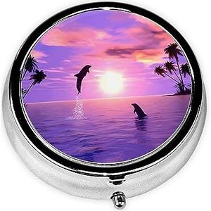 Pillendoos - Zonsondergang Dolfijnen - Ronde Pil Case - 3 Compartimenten - Draagbare Reizen