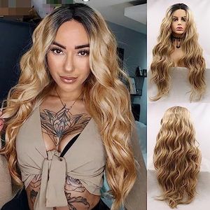 SERENEWIG Medium Blonde Synthetische Lace Front Pruiken voor Vrouwen Lange Losse Golf Ombre Blonde Dames Dagelijks Gebruik Cosplay Festival Party Pruiken Drag Queen 60 cm