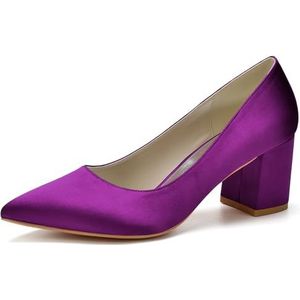 HFWXYSA Dames Chunky Blok Hak Bruids Pompen Puntige Teen Slip op Klassieke Geklede Schoenen voor Bureau Bruiloft Werkavond,Purper,35 EU