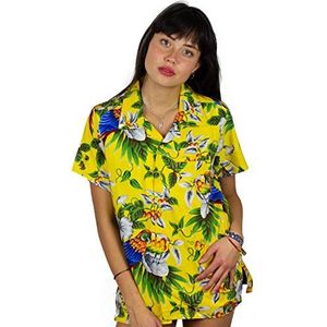 V.H.O. Funky Hawaïblouse Hawaiihemd dames korte mouwen voorzak boyfriend cut Hawaii-print strand kersen papegaai UNICUT, Kersenpapegaai zwart, XL