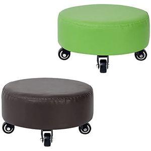 FZDZ Lage kruk set van 2, comfortabele stoel rolkrukken met wielen, thuis slaapkamer korte stoel om op te zitten, schattige ronde kleine krukken, extra dik kussen (kleur: groen + bruin)