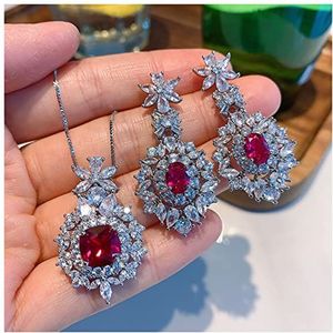 Oorbellen Luxe 925 zilveren ruby edelsteen sieraden sets for vrouwen hoge koolstof diamant bruiloft partij oorbellen hanger ketting geschenk Oorbellen voor dames (Color : Jewelry sets, Size : 45cm)