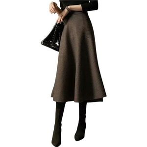MdybF Dames rokken dames herfst winter vintage faux wollen rokken hoge taille warme A-lijn plooirok mode elegante rok, Koffie, M