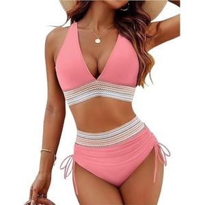 Bikinisets met hoge taille for dames, tweedelig badpak met trekkoord, badpakken met buikcorrectie, badpakken for op het strand(Pink,4XL)