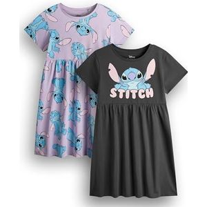 Disney Lilo & Stitch meisjesjurk, set van 2 | Donkergrijze en lavendelblauwe zomerjurken met korte mouwen Grafische dagkleding | Stitch Alien Leuke multi-pack kledingset | Film merchandise