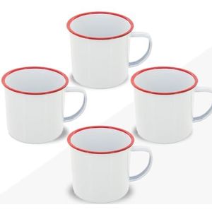 FUN FAN LINE - Retro of vintage geëmailleerde ontbijtmok set - ideaal voor koffie of thee (wit met rood, 4 kopjes)
