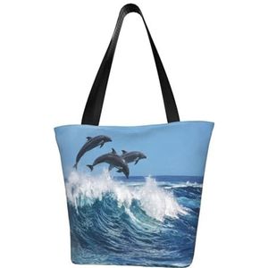 Schoudertas, canvas draagtas grote tas vrouwen casual handtas herbruikbare boodschappentassen, gemeenschappelijke tuimelaar dolfijn, zoals afgebeeld, Eén maat