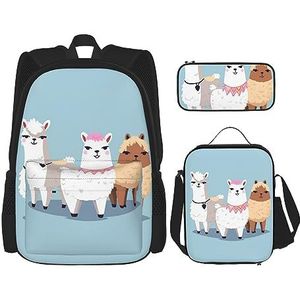 Leuke Alpacas Rugzak Set 3 stks met Lunch Tas Potlood Case Reizen Dagrugzak Lunch tas potlood zakje Combinatie, Zwart, Eén maat, Rugzakken