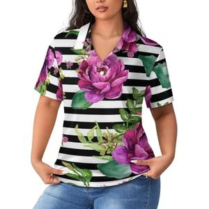 Roze bloemen - zwart-witte strepen dames poloshirts met korte mouwen casual T-shirts met kraag golfshirts sport blouses tops 5XL