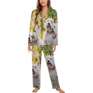 Westie Pyjama Sets met lange mouwen en bloemen voor dames, klassieke nachtkleding, nachtkleding, zachte pyjama's, loungesets