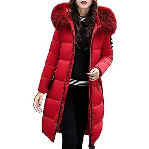 UEsent Katoenen jas voor dames, lange winterjas, jas met capuchon, dikke donsjas, grote bontkraag, warme broodkleding, slim mode, verdikt, eenkleurig, gevoerde jas, softshelljas, rood, XL