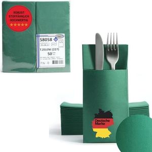 AROBA Airlaid, bestekzakjes, 50 stuks, lijkt op stof, kant-en-klaar gevouwen servetten met gleuf, 40 x 40 cm, 1/8 vouw, bestektas, hoogwaardig, bruiloft, verjaardag, hotel, catering, premium kwaliteit, donkergroen