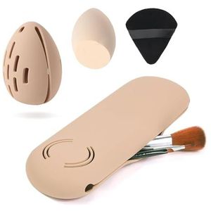 Azmoncy Grote siliconen make-up borstelhouder en make-up spons houder set, make-up borstel tas, blender case organizer, poeder puff case met spons en borstels voor reizen (kaki 7 stuks)