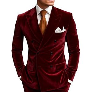 Mannen Fluwelen Pak Tuxedo 2 Stuk Pakken Dubbele Breasted Bruiloft Groomsmen Fluwelen Blazer Broek Pak, Bordeaux, XS