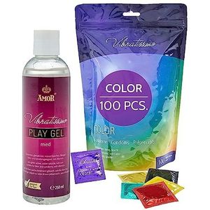 VIBRATISSIMO Color condooms 100-pack & glijmiddelset I authentiek gevoel & extra vochtig I Condooms voor mannen I Condooms in hersluitbare zak I Condoomverpakking in rood, zwart, groen, geel en goud