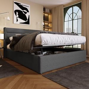 Aunvla Opbergbed, gestoffeerd bed, hydraulisch, tweepersoonsbed, 160 x 200 cm, lattenbodem van hout, bed met lattenbodem van metalen frame, linnen, grijs