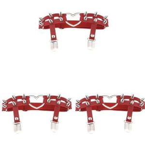 3 Set van 1x Vrouwen Lederen Dubbele Riem Hart Kousenband Elastische Klinknagel Stud Been Jarretelgordel, Rood