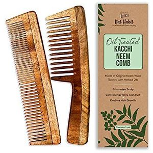 Nat Habit - Kacchi Neem Houten kam - gedrenkt in 17 kruiden, neem en sesamolie voor meerdere acties - Ontwarren, Frizz Control & Shine (Dual Tooth & Wide Tooth) Combo Pack van 2