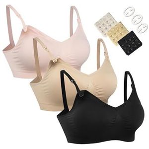 HOFISH Zwangerschapsbeha voor borstvoeding, comfort, naadloos, draadloos, zwangerschapsbeha, S-XXL met beha-verlengstukken en clips, 03 stuks/pak een roze zwart beige, M