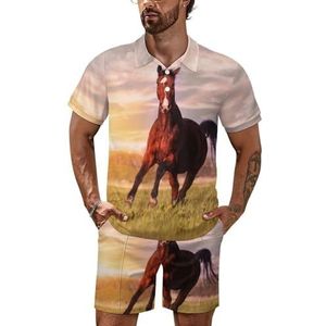Horse Running on Grass Poloshirt voor heren, set met korte mouwen, trainingspak, casual strandshirts, shorts, outfit, XL