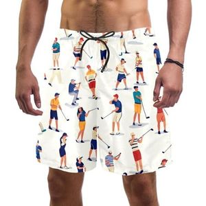 Nieuwigheid boardshorts voor heren, strandvakantie, feest, sneldrogende badpakken met schattige kleine mensen spelen golfontwerpen, Leuke Kleine Mensen Spelen Golf, XXL