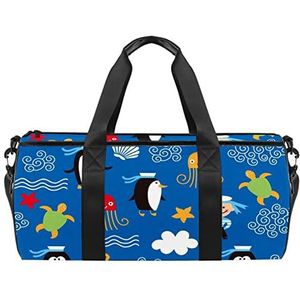Kleurrijke Wtercolor bloemenpatroon reizen duffle tas sport bagage met rugzak draagtas gymtas voor mannen en vrouwen, Blauwe pinguïn zeeman octopus anker patroon, 45 x 23 x 23 cm / 17.7 x 9 x 9 inch