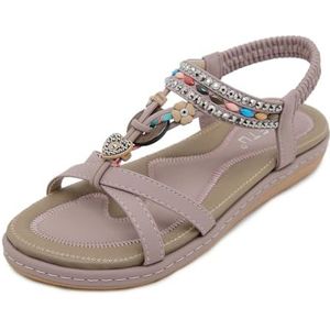EFLALYHG Casual Bohemian strandsandalen met boogondersteuning zomerstrandsandalen enkelbandjes slippers open teen met juwelen versierde platte sandalen,Purper,36 EU