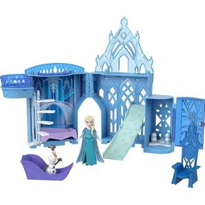 Mattel Disney Frozen Speelgoed, Stapelbaar kasteel van Elsa, poppenhuisspeelset met kleine pop en 8 onderdelen, geïnspireerd op de Disney Frozen films, reisspeelgoed en cadeaus voor kinderen, HLX01
