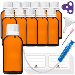 HandsUnity 30ml-12st Druppelaar Inzet Flesje -Klein Amber Glazen Flesje Apothekersglas met Witte Druppelaar Inzetdop van Bruin Glas set inclusief 30 hulp Accessoires