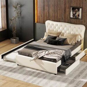 Aunvla 140 x 200 cm (90 x 190 cm) gestoffeerd bed, tweepersoonsbed, platformbed, gestoffeerd bed met rolbed en twee laden, PU, beige