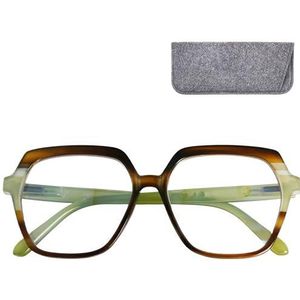 Mini Brille Stijlvolle blauwlichtfilter, oversized, blauwlichtstijl, XL, rechthoekig, grof of zeshoekig met licht kunststof frame, grote glazen en etui, anti-blauw licht bril dames, Zeshoekig gekleurd