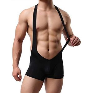 Mannen Sexy Wrestling Singlets Undershirts Stretch Tight Unitard Gympak Teddybeer Bodywear Lingerie Gay Suspender Jockstrap Jumpsuit (Color : Black, Size : L)