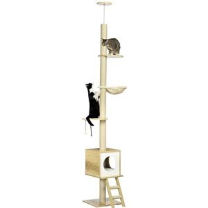 PawHut krabpaal, kattenkrabpaal, plafondhoog, 240-260 cm, klimboom met kattenhuis, jute touwpaal, hangmat, kattenladder, speelbal, krabpaal, kattenmeubel, anti-tip, lichtbruin+beige