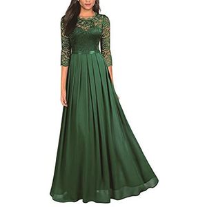 Bruiloft Gasten Jurken For Vrouwen Chiffon Stiksels Kant Lange Jurk Ruches Hoge Taille Bruidsmeisje Avond Globaal Nek Kant Maxi Avondjurk (Color : Groente, Size : S)