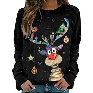 Kersttrui voor dames, Kerstmis, schattige elandprint, sweatshirt ronde hals, lange mouwen, kersttrui, sport, casual, top, trui, winter, warm, bovenstuk voor vrouwen, #416, Zwart 11, L