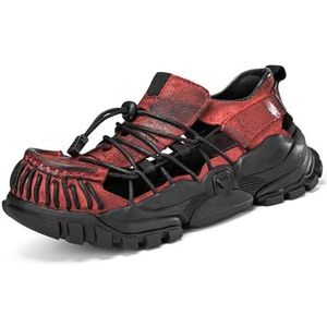 Heren Echt Leren Uitgeholde Platform Visserssandalen, Casual Elastische Band Dikke Hak Sneakers Bootschoenen(Wine red,46 EU)