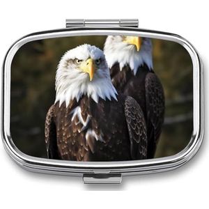 Vierkante Pillendoos Draagbare Metalen Pil Case 2 Compartiment Kleine Reizen Pil Organizer Leuke Witte Hoofd Eagle Vitaminen Houder Organizer voor Portemonnee Pocket