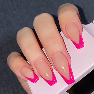 Coffin False Nails French Fake Nails Ballerina Acrylic Press on Nails Full Cover Stick on Nails 24pcs for Women and Girls(E)