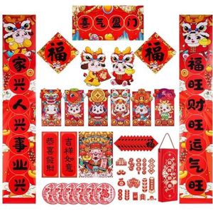 47 stuks Chinese Lente Festival Viering Decor Set - Draak en Chunlian Elementen Lunar Nieuwjaar Party Sfeer, Enveloppen Rood en Garland Raamstickers Deur Chunjie Fu Chunjie Kit