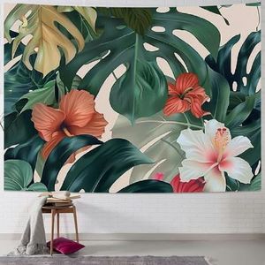 56 Wandtapijt Monstera Lichtroze Tropische Plant Banaan Bladeren En Hibiscus Bloemen Palmboom Botanische Muur Opknoping Zacht Wandtapijt Esthetische Decoratie Tapijt Voor Slaapkamer Feest 130x152cm