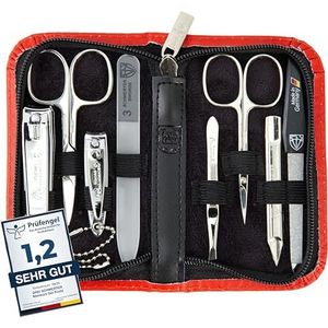 DREI SCHWERTER - Manicureset 'Roma' - nageletui met 8 instrumenten: nagelschaar, huidschaar, voet/vingernagelknipper, nagelreiniger, pincet, glazen nagelvijl, saffier nagelvijl - rood-echt leer