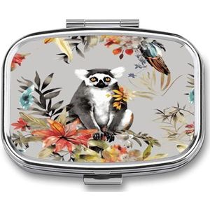 Dieren Lemur Bloemen Patroon Pillendoos Pil Organizer Pil Case 2 Compartiment Geneeskunde Pil Organizer Kleine Pil Case Pil Container Pillenhouder Leuke Pillendoos Mini Pillendoosje