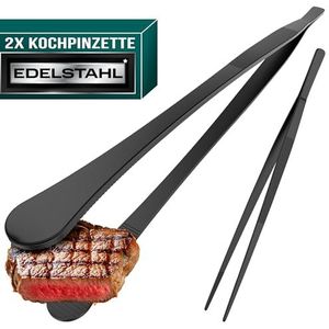 4happy Kookpincet - 2 stuks kooktpincet roestvrij stalen set, ronde grillpincet voor koken en braden + puntige keukenpincet voor decoreren, pincet keuken 30 cm, zwart