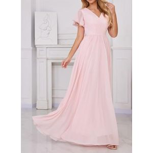 Bruidsmeisjesjurken met korte mouwen voor bruiloft, geplooide chiffon, formele avondfeest, maxi-jurk, V-hals, AH153, Bordeaux, 32