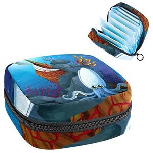 een Octopus in de buurt van de vernielde scheepsperiode Pouch draagbaar,Tampon opbergtas voor maandverband, Meerkleurig, 4.7x6.6x6.6 in/12x17x17 cm