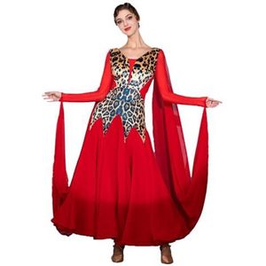 Ballroom Dans Wedstrijdjurken Voor Dames Luipaardprint Flamenco Foxtrot Kostuums Wals Tango Dansoutfit Standaard Grote A-Lijn Dansrok,Rood,L