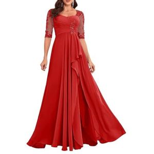 Dames chiffon moeder van de bruid jurk voor bruiloft met split galajurken cocktailjurk plus size, Rood, 32